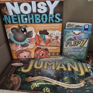 Jumanji Board Game, Noisy Neighbors Guessing Game And Flip 7 Card Game